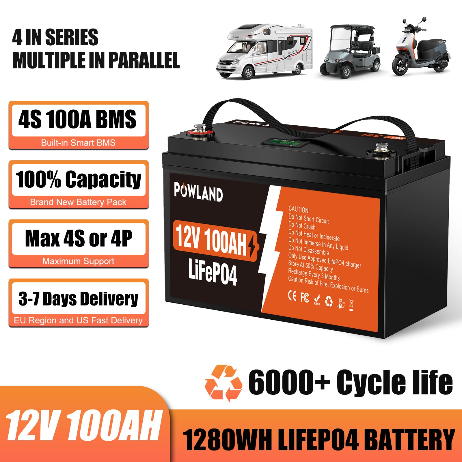 POWLAND LiFePO₄ Battery 12V-100AH BMS Series and Parallel Connection Rechargeable