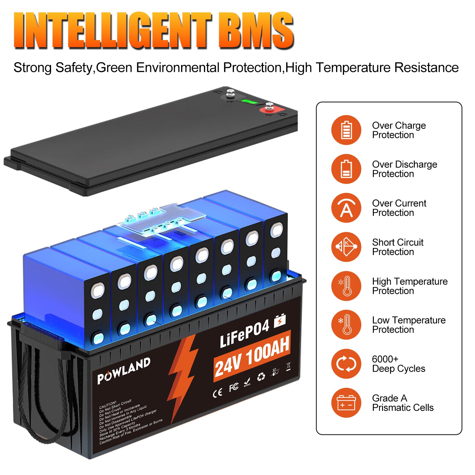 POWLAND LiFePO₄ battery 24V 100AH BMS Series and parallel connection Fast Charge Balanced