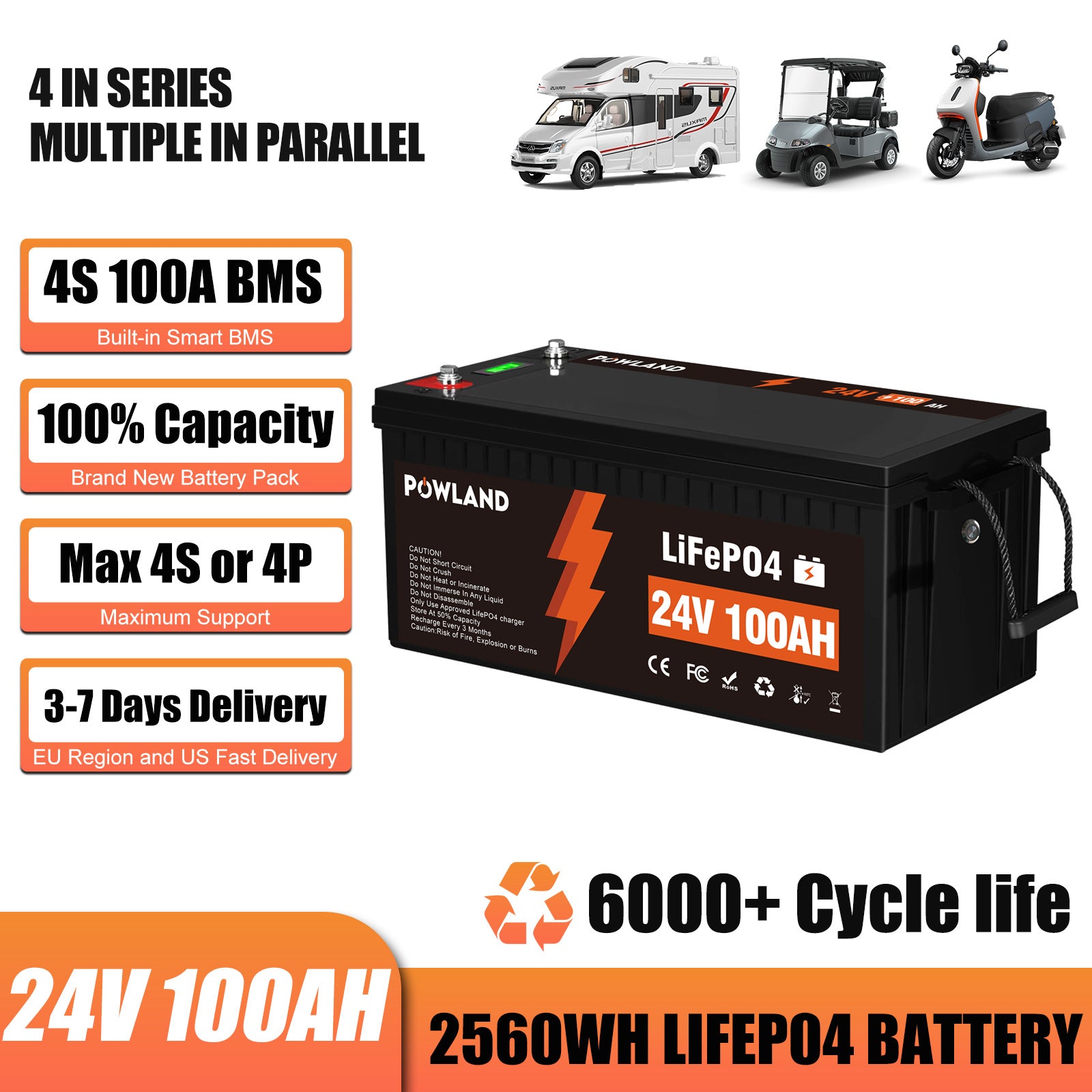 POWLAND LiFePO₄ battery 24V 100AH BMS Series and parallel connection Fast Charge Balanced