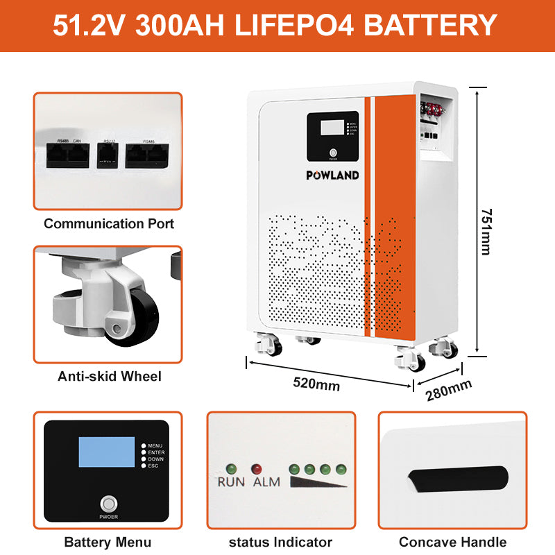 POWLAND LiFePO₄ battery 51.2V 300AH BMS parallel communication